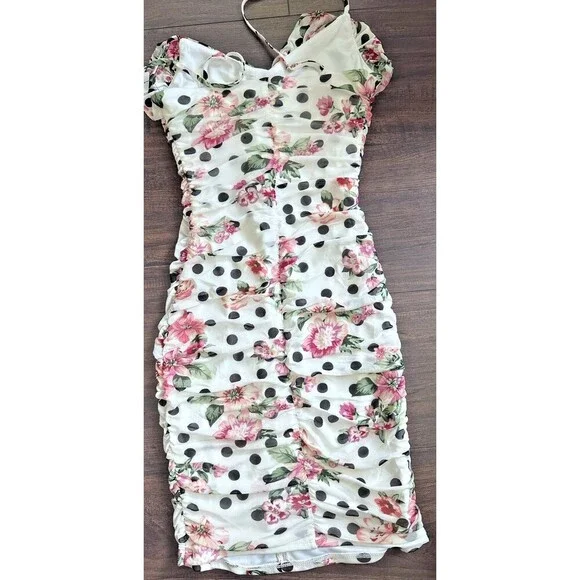 BCX Women Juniors' Mixed-Print Ruched Ruffled Bodycon Dress White multi Small - Picture 10 of 12